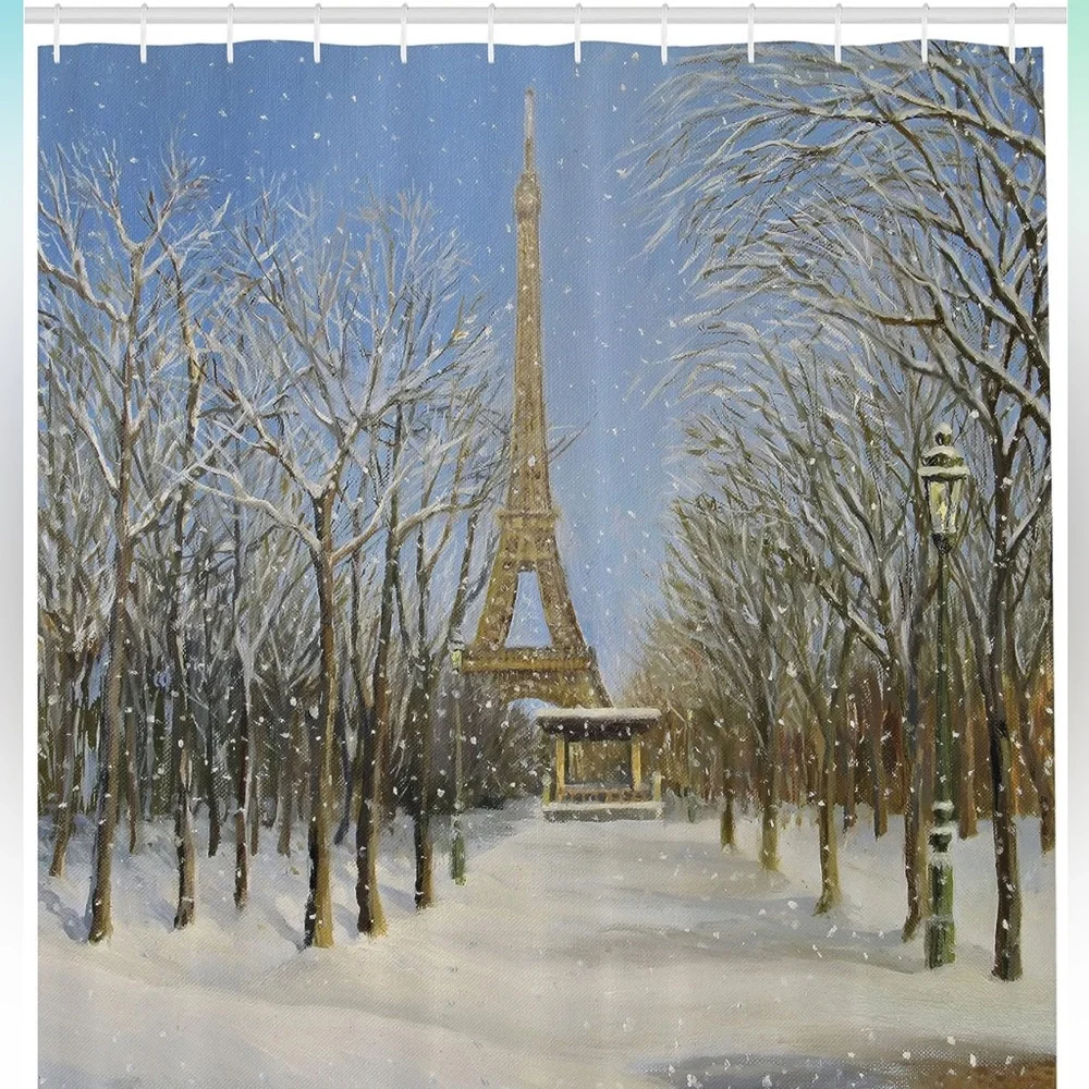 Country Shower Curtain, Winter Scene Eiffel Decor Set with Hooks, 69